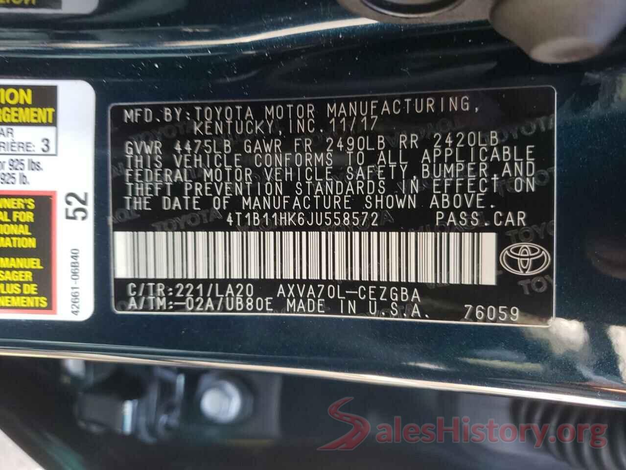 4T1B11HK6JU558572 2018 TOYOTA CAMRY