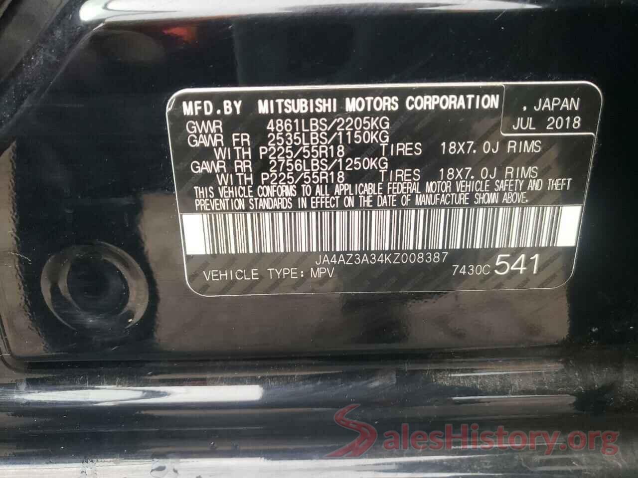 JA4AZ3A34KZ008387 2019 MITSUBISHI OUTLANDER