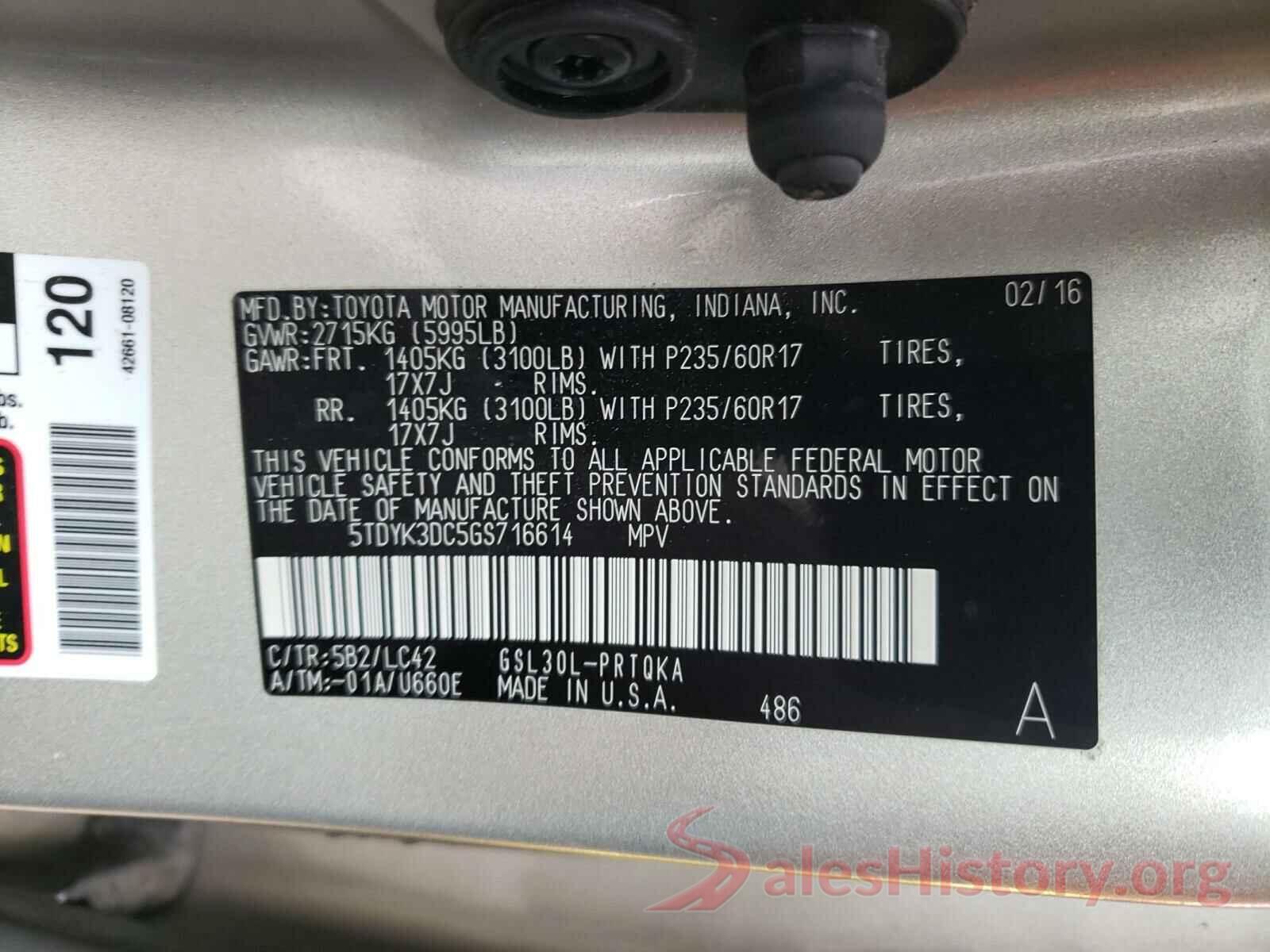 5TDYK3DC5GS716614 2016 TOYOTA SIENNA