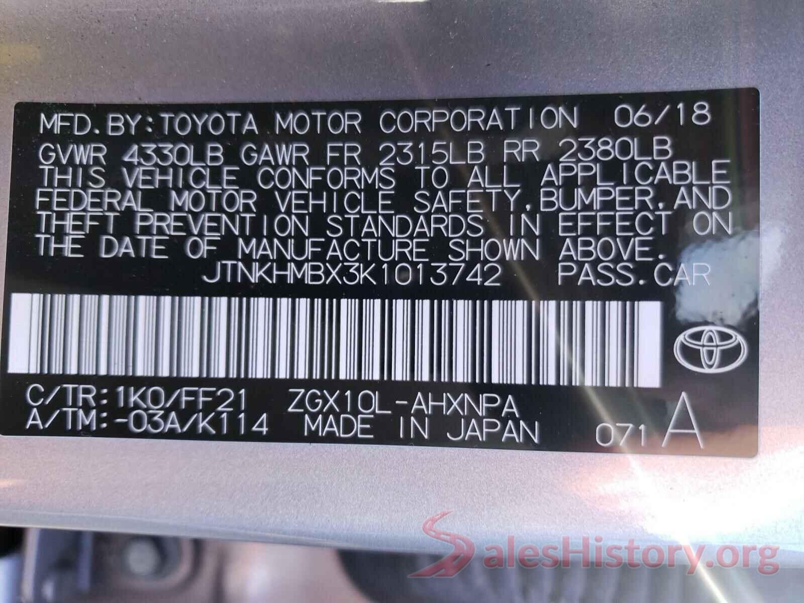 JTNKHMBX3K1013742 2019 TOYOTA C-HR