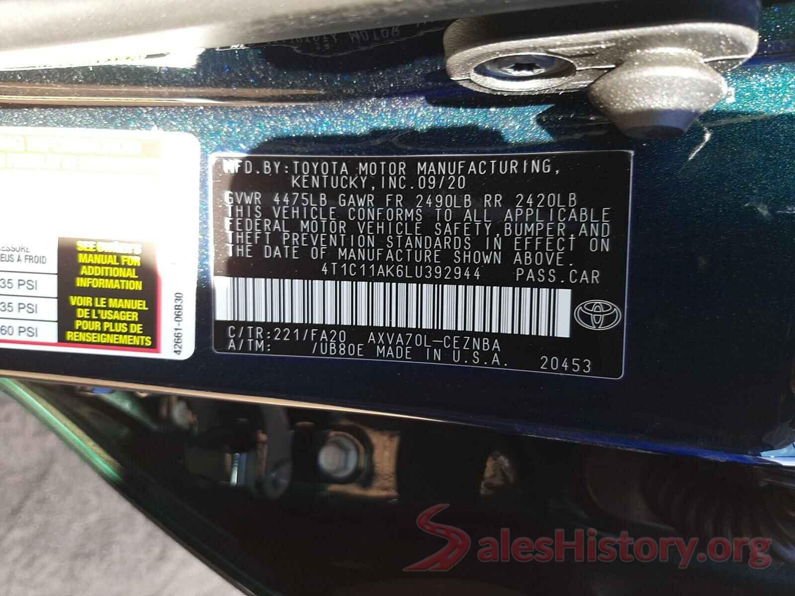 4T1C11AK6LU392944 2020 TOYOTA CAMRY