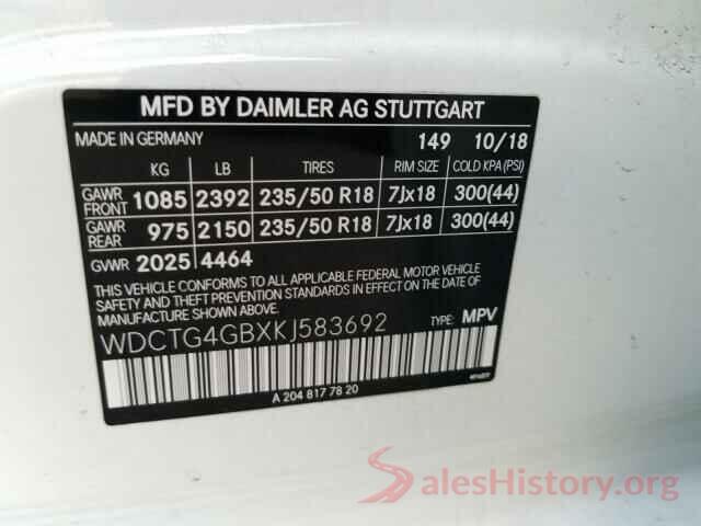 WDCTG4GBXKJ583692 2019 MERCEDES-BENZ GLA-CLASS