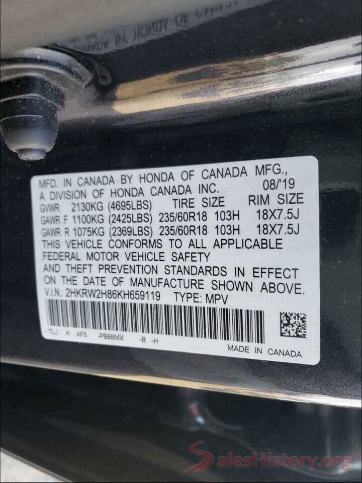 2HKRW2H86KH659119 2019 HONDA CRV