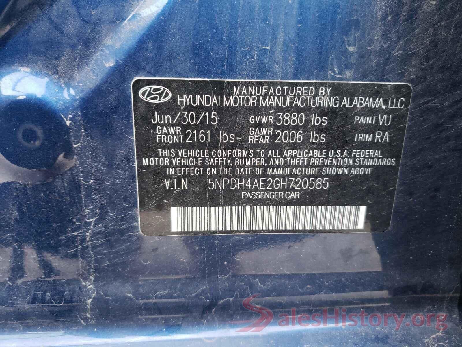 5NPDH4AE2GH720585 2016 HYUNDAI ELANTRA