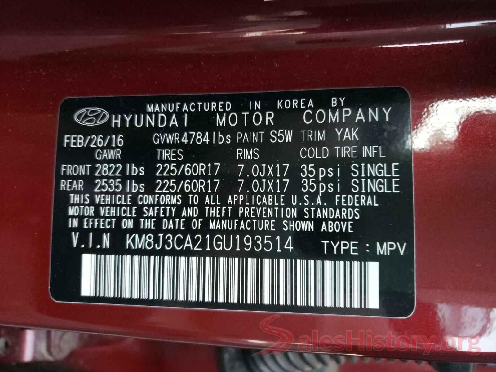 KM8J3CA21GU193514 2016 HYUNDAI TUCSON