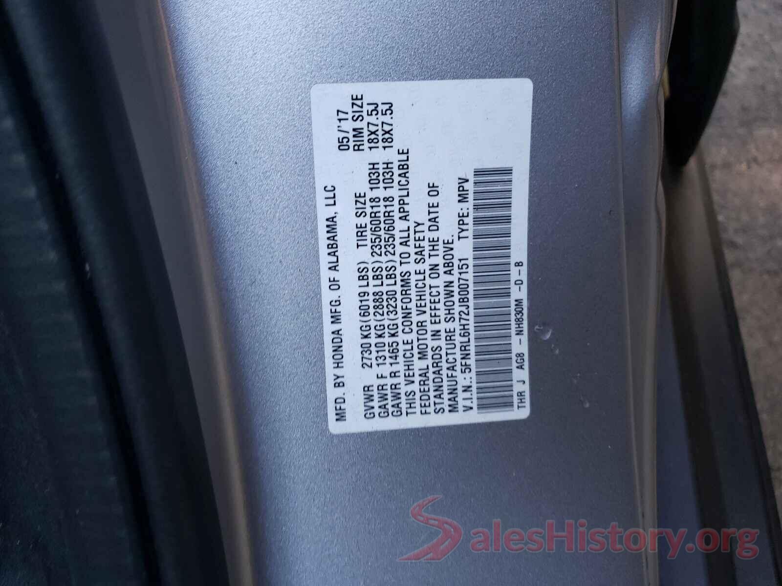 5FNRL6H72JB007151 2018 HONDA ODYSSEY