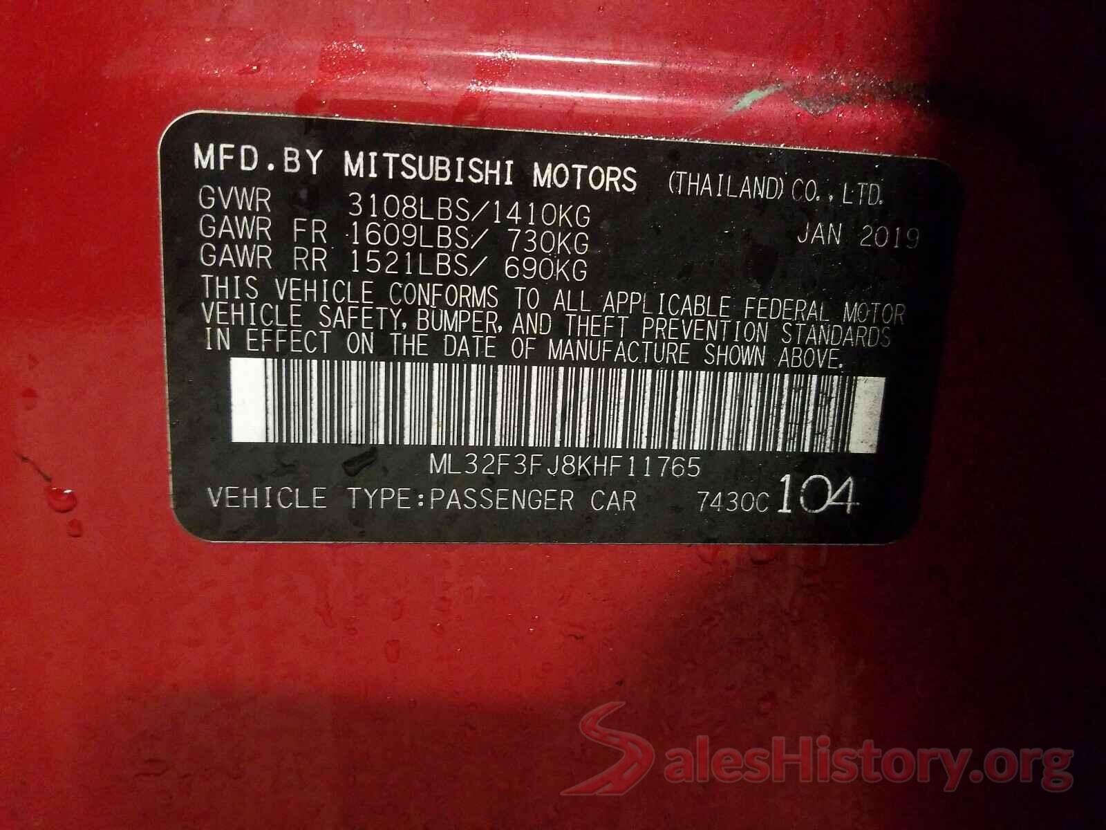 ML32F3FJ8KHF11765 2019 MITSUBISHI MIRAGE