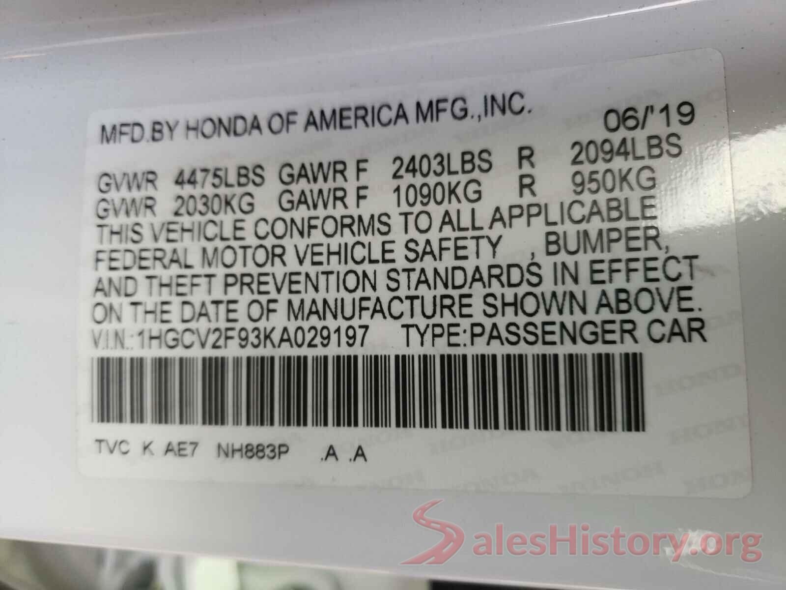 1HGCV2F93KA029197 2019 HONDA ACCORD