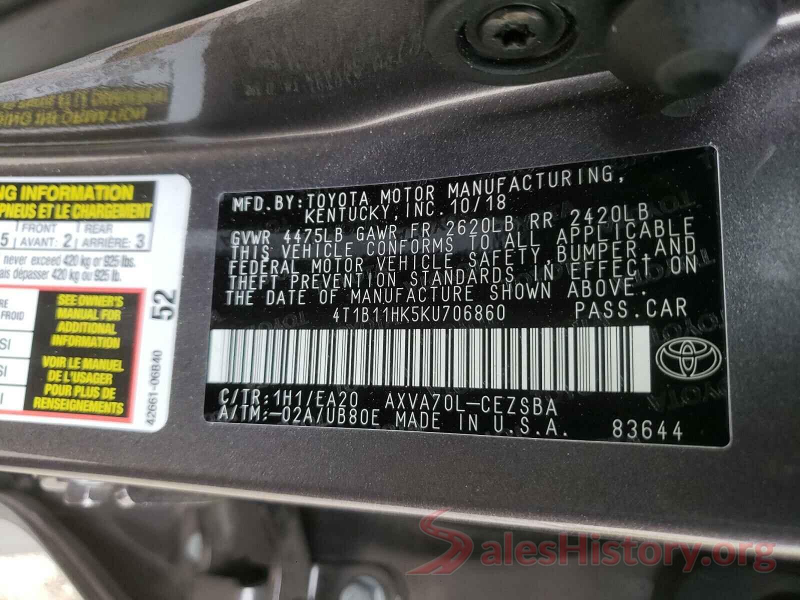 4T1B11HK5KU706860 2019 TOYOTA CAMRY