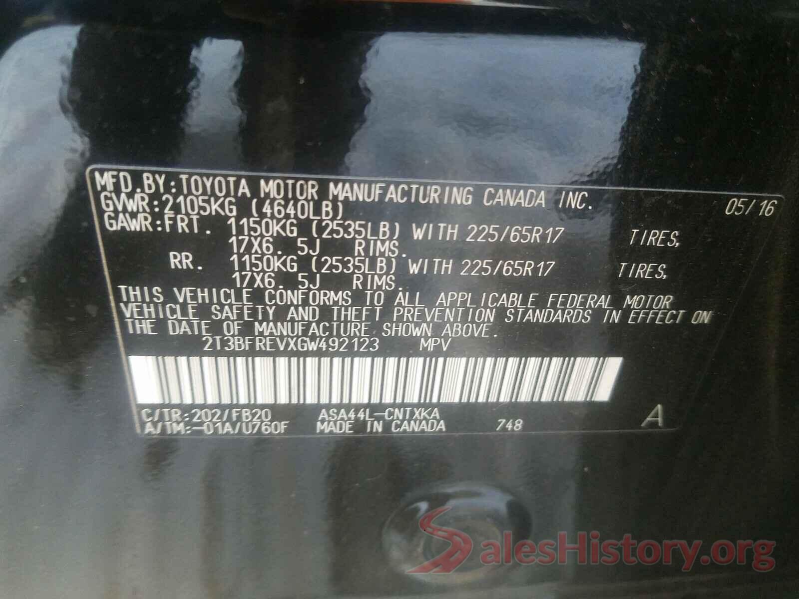 2T3BFREVXGW492123 2016 TOYOTA RAV4