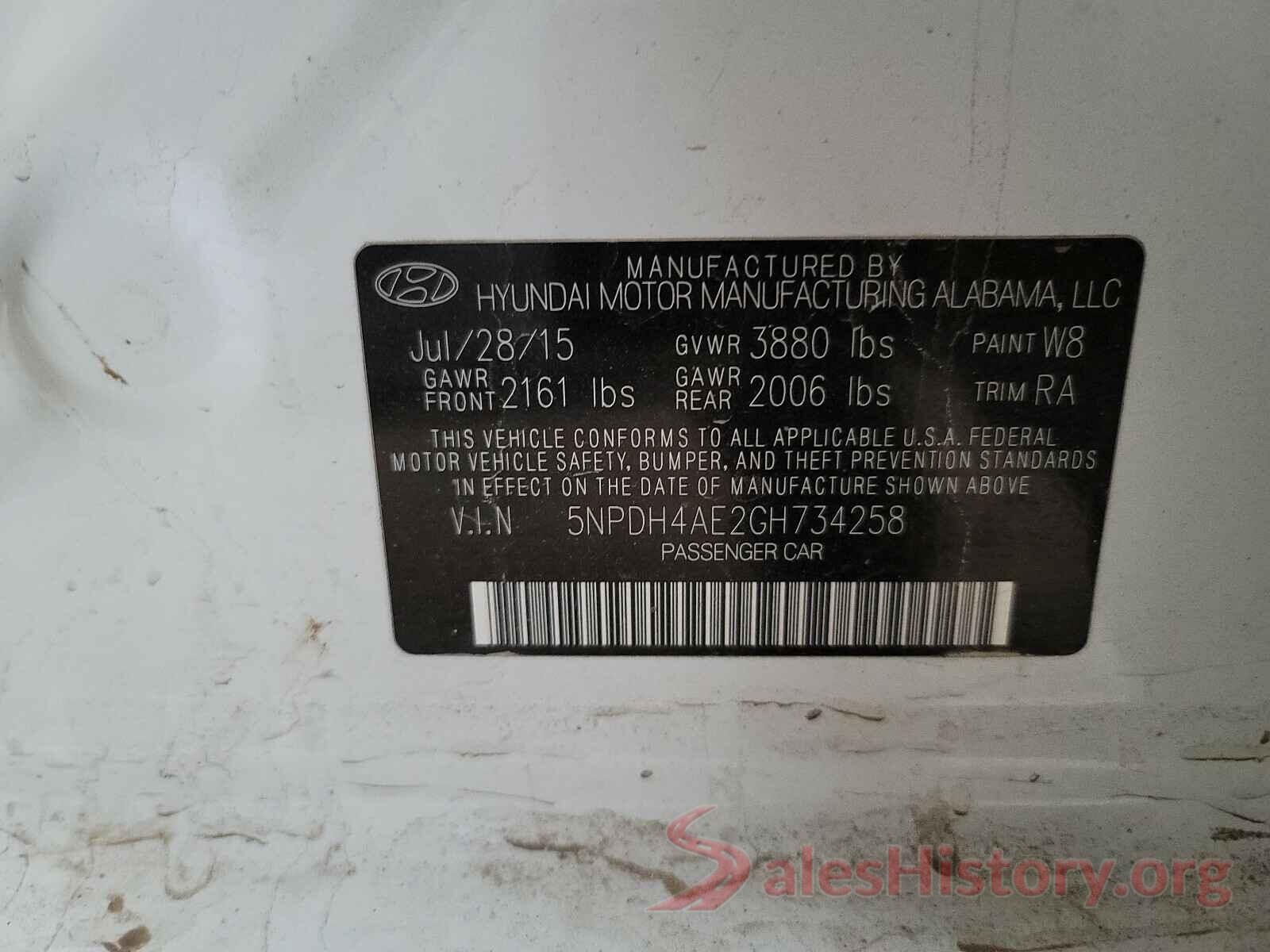 5NPDH4AE2GH734258 2016 HYUNDAI ELANTRA