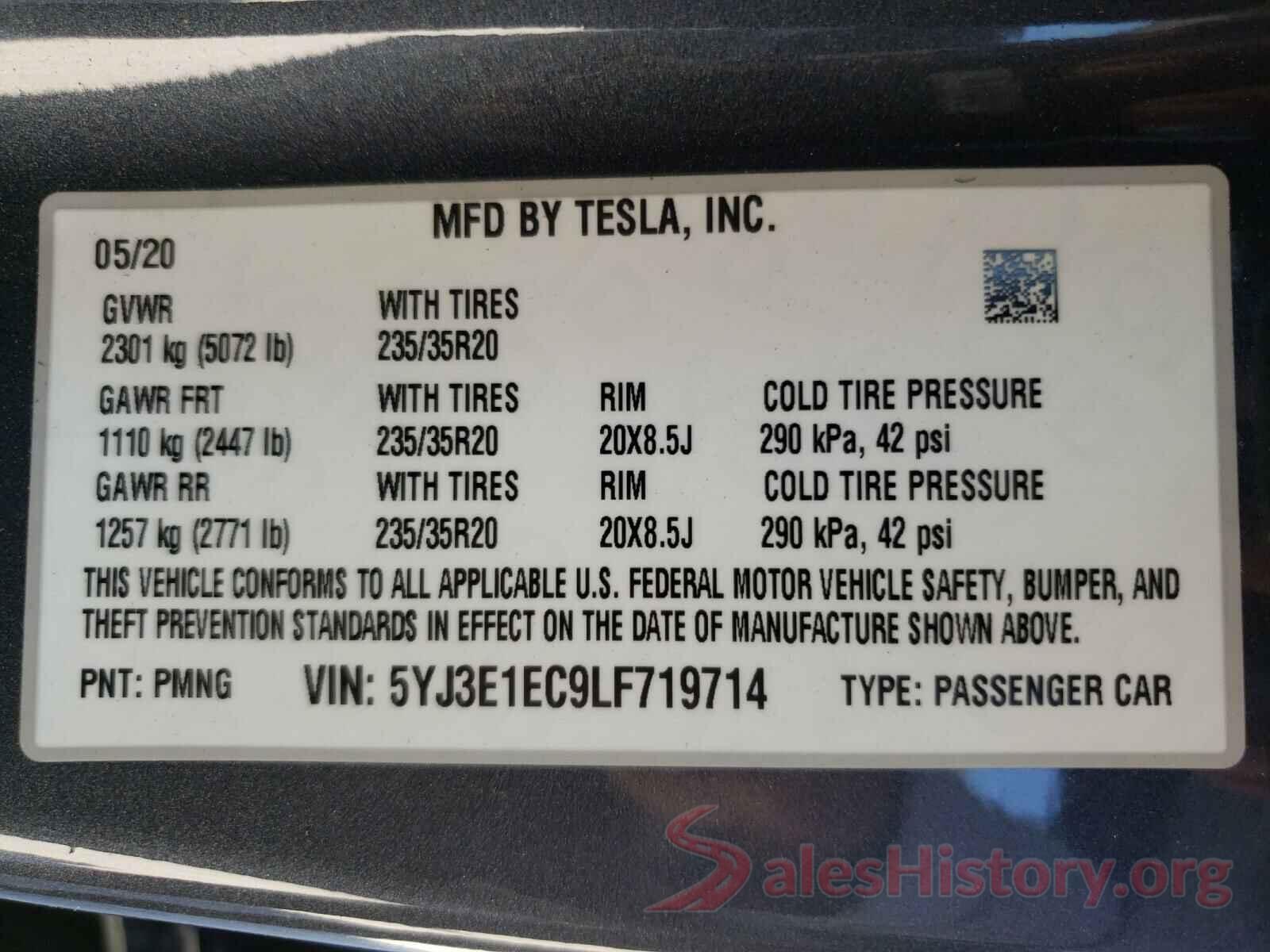 5YJ3E1EC9LF719714 2020 TESLA MODEL 3