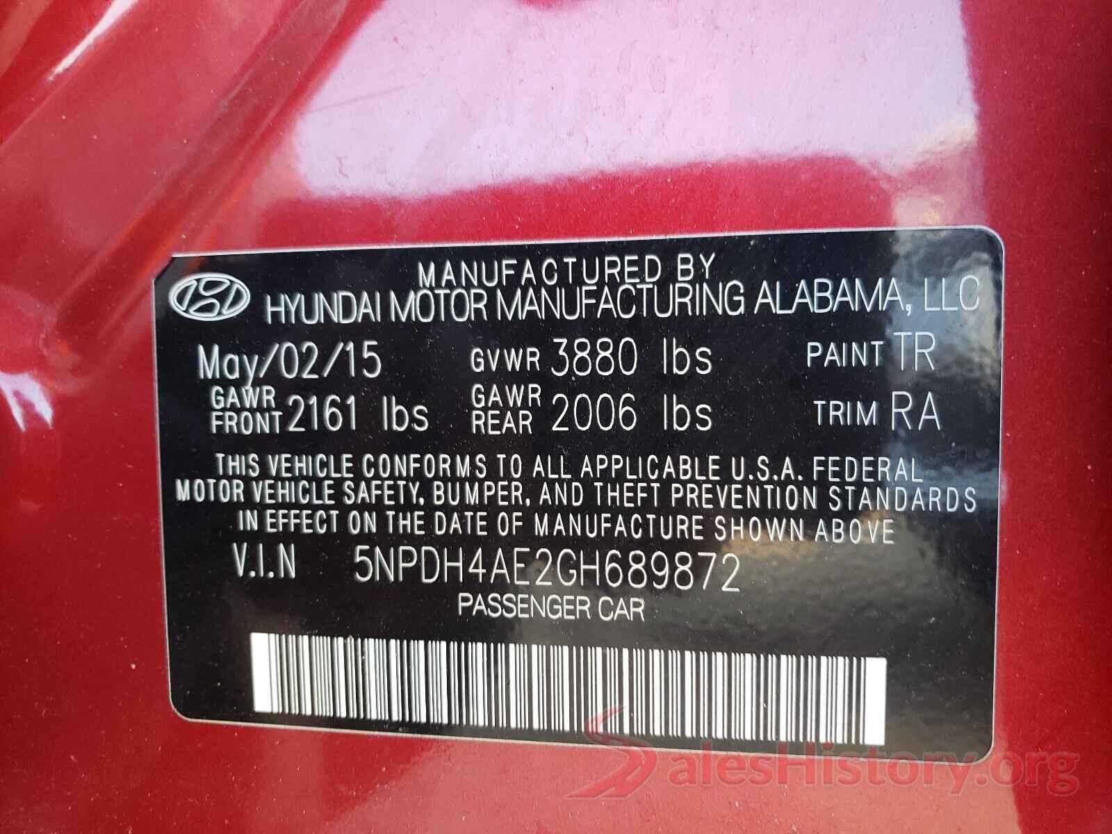 5NPDH4AE2GH689872 2016 HYUNDAI ELANTRA