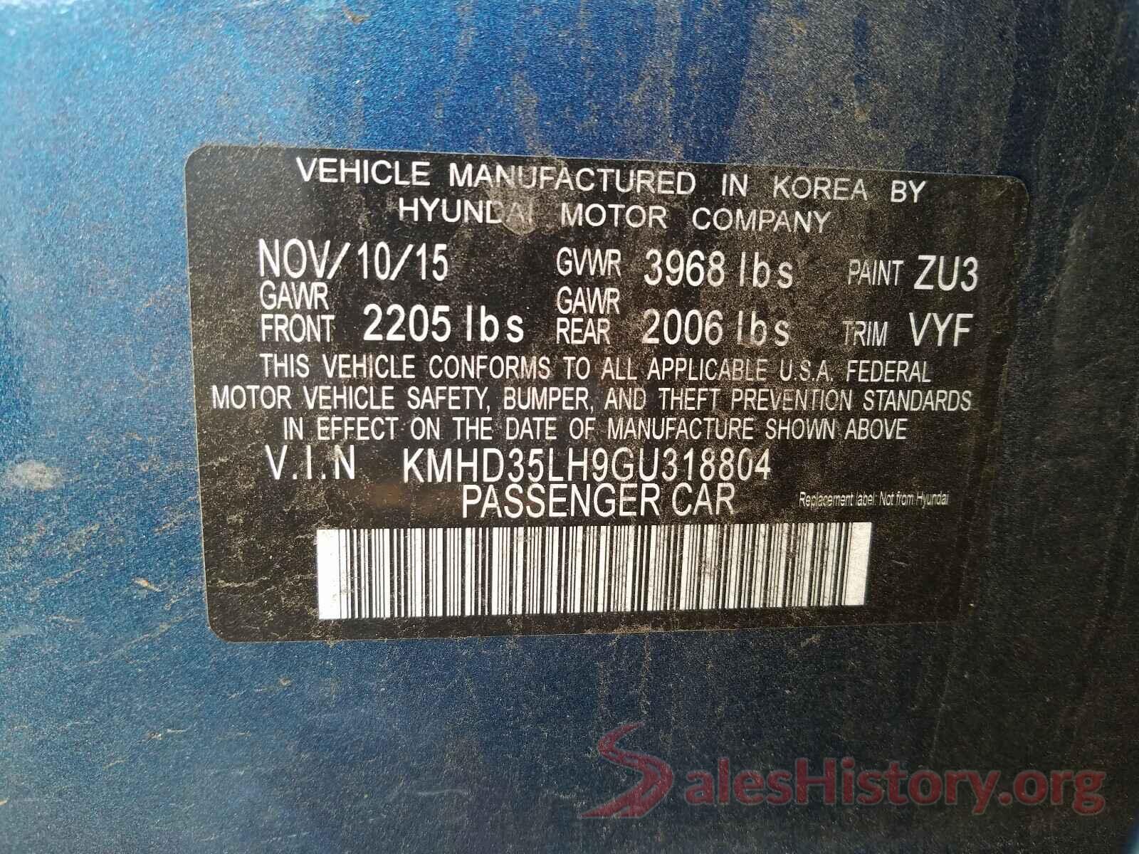 KMHD35LH9GU318804 2016 HYUNDAI ELANTRA