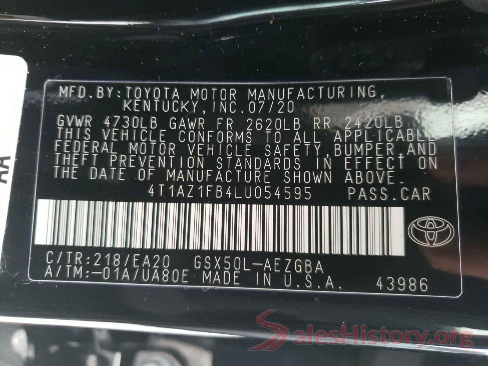 4T1AZ1FB4LU054595 2020 TOYOTA AVALON