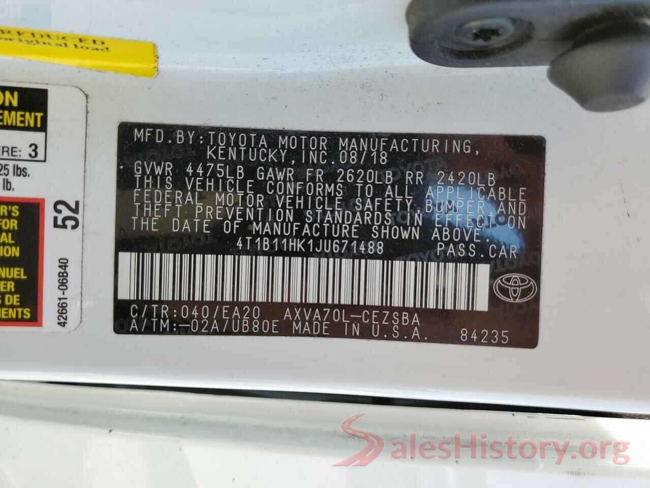 4T1B11HK1JU671488 2018 TOYOTA CAMRY