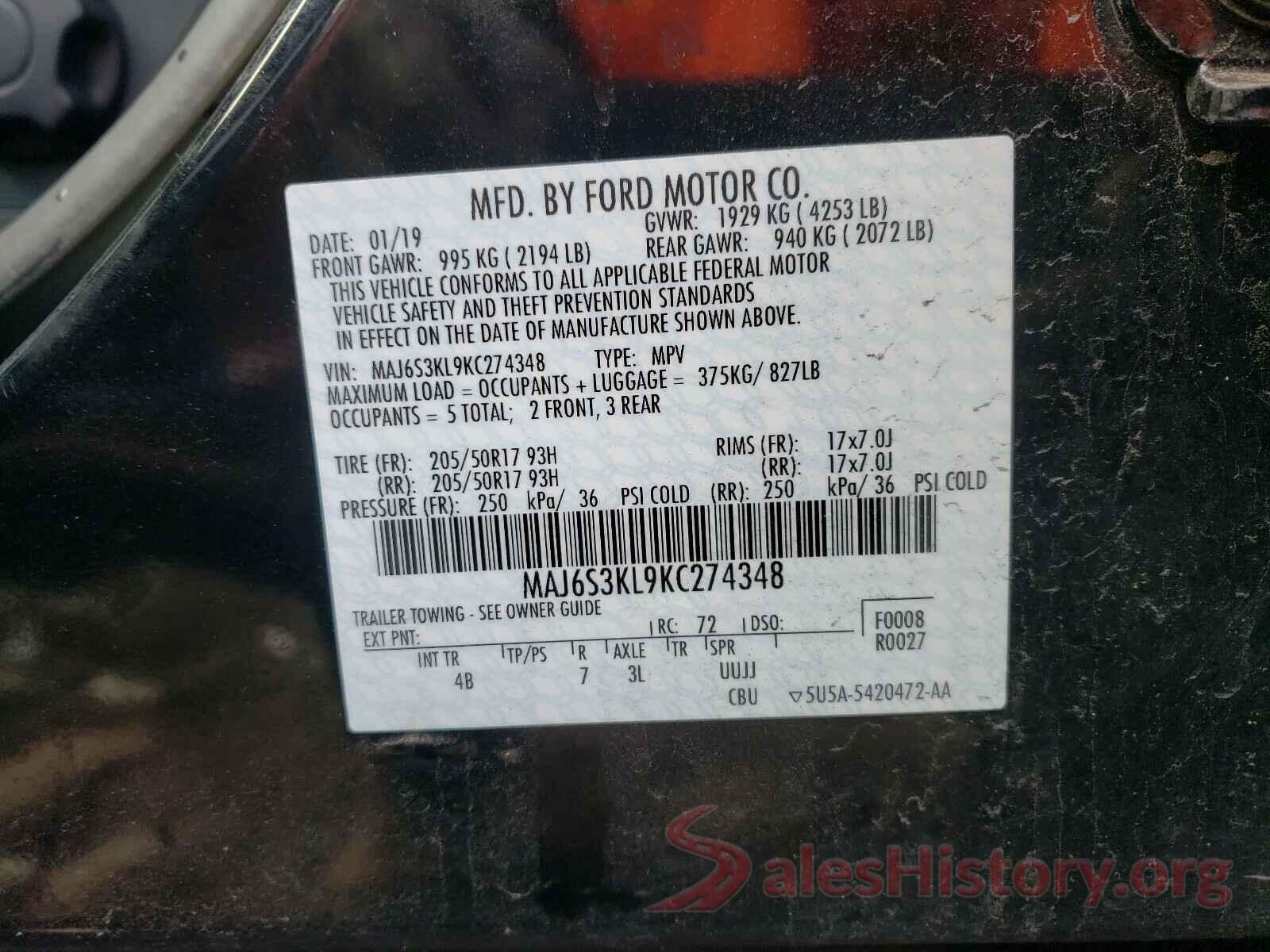 MAJ6S3KL9KC274348 2019 FORD ALL OTHER