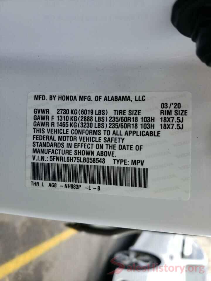 5FNRL6H75LB058548 2020 HONDA ODYSSEY