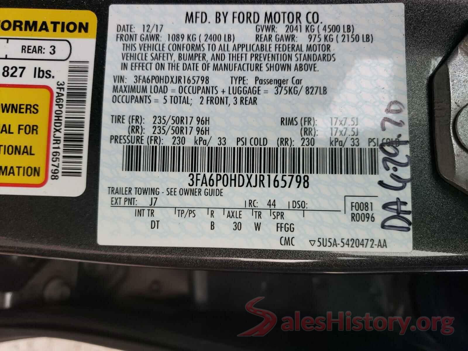 3FA6P0HDXJR165798 2018 FORD FUSION