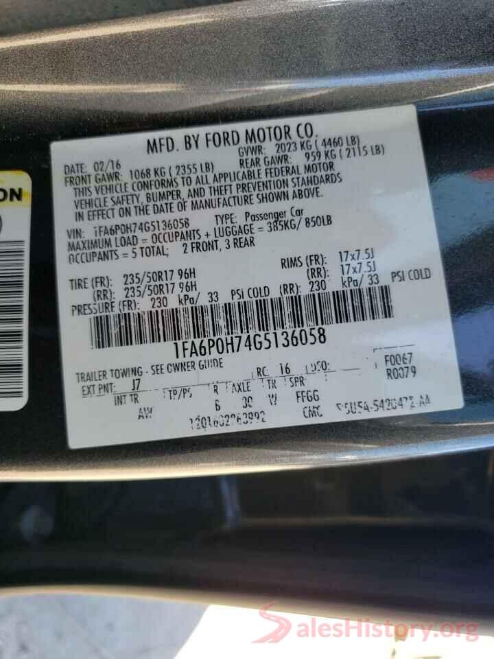 1FA6P0H74G5136058 2016 FORD FUSION