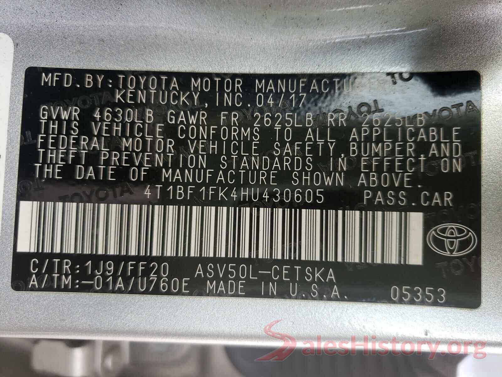 4T1BF1FK4HU430605 2017 TOYOTA CAMRY