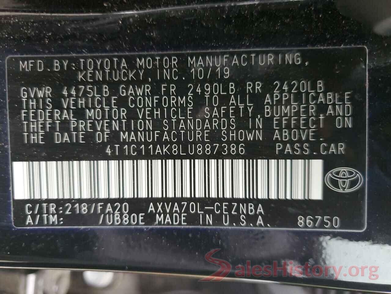 4T1C11AK8LU887386 2020 TOYOTA CAMRY