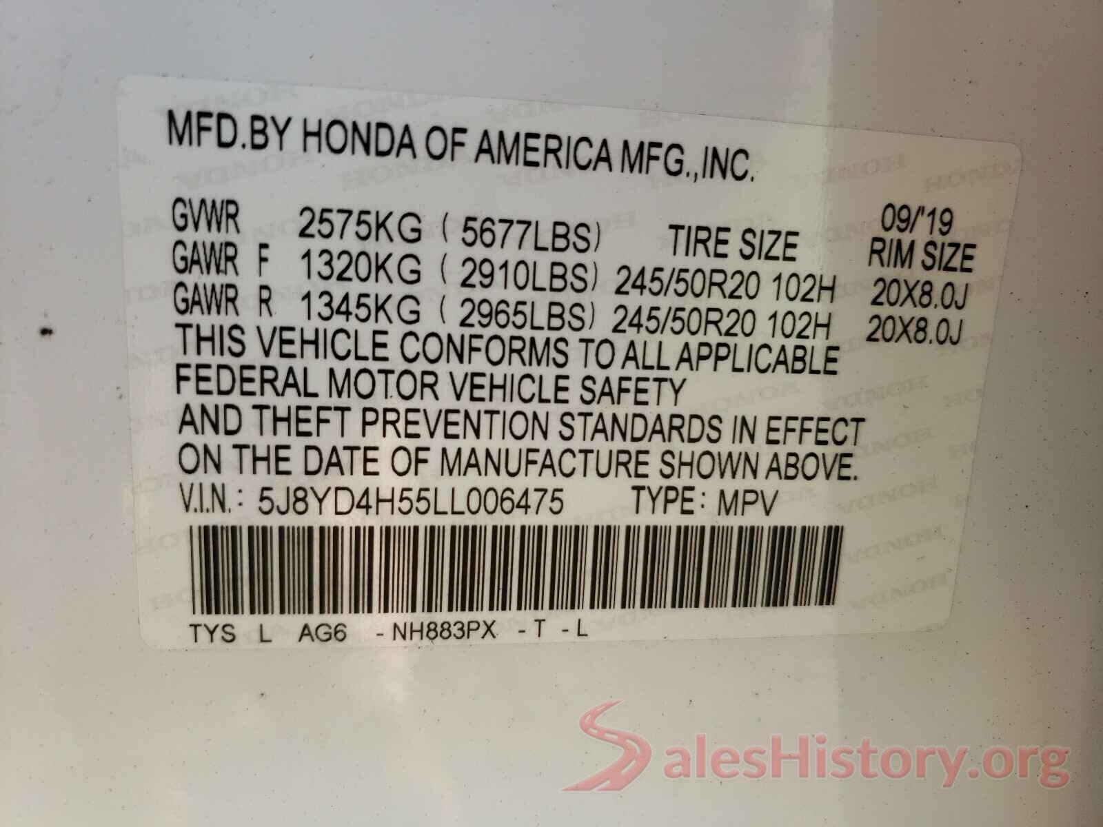 5J8YD4H55LL006475 2020 ACURA MDX