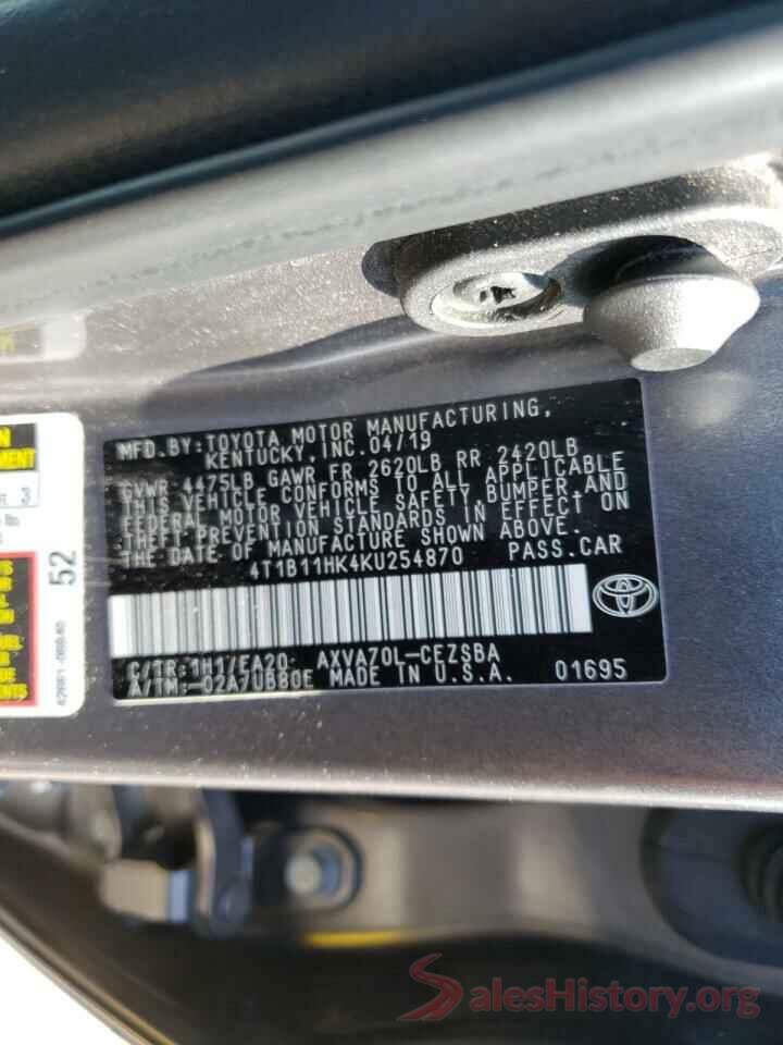 4T1B11HK4KU254870 2019 TOYOTA CAMRY