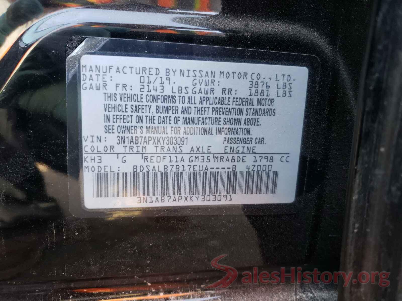 3N1AB7APXKY303091 2019 NISSAN SENTRA