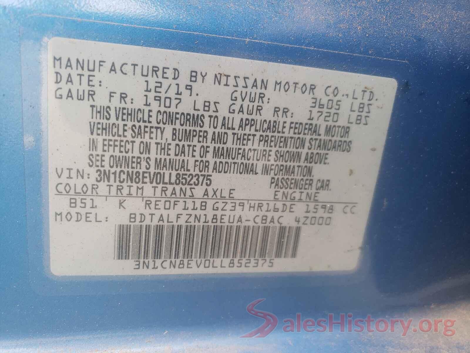 3N1CN8EV0LL852375 2020 NISSAN VERSA