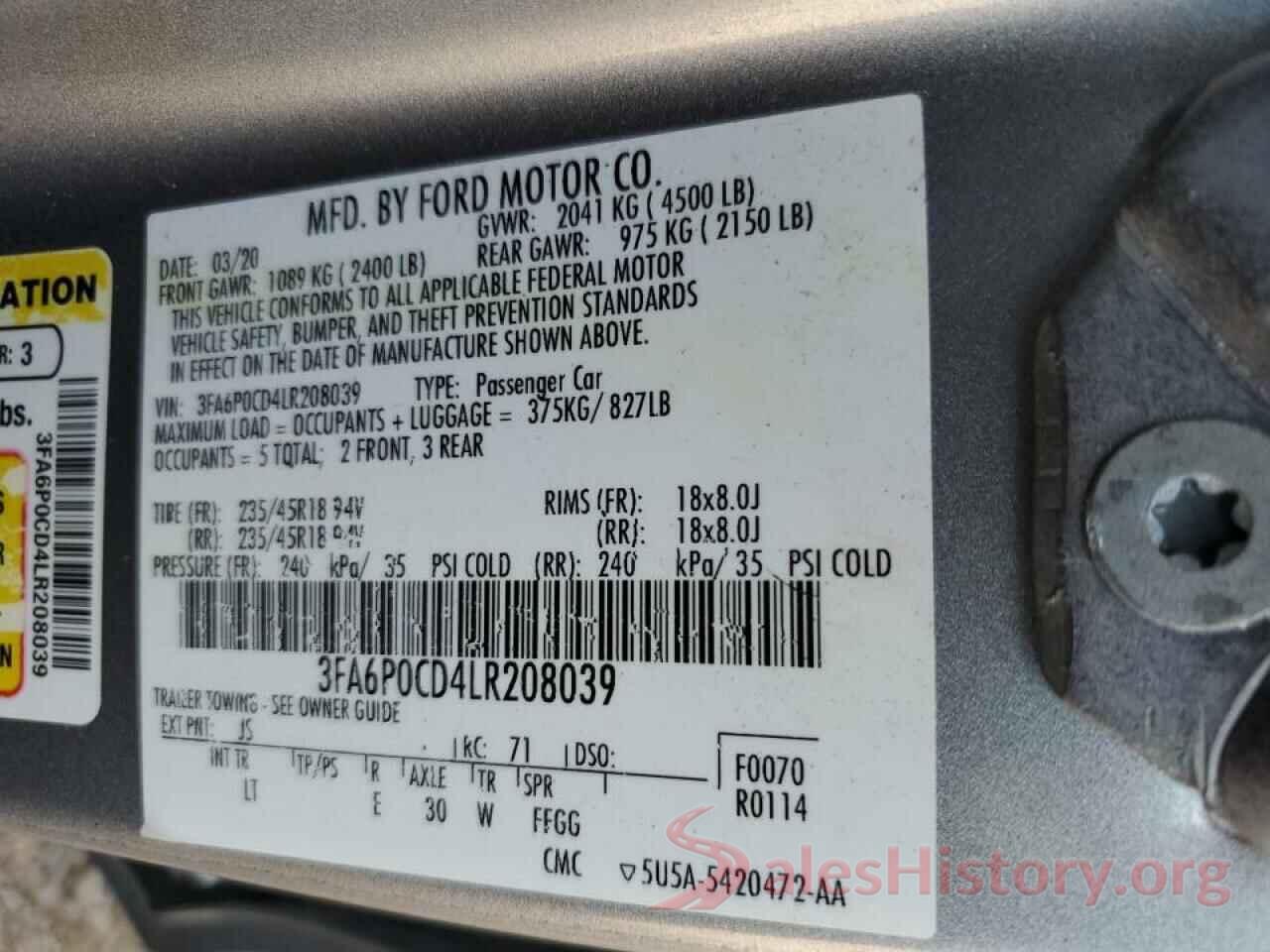 3FA6P0CD4LR208039 2020 FORD FUSION