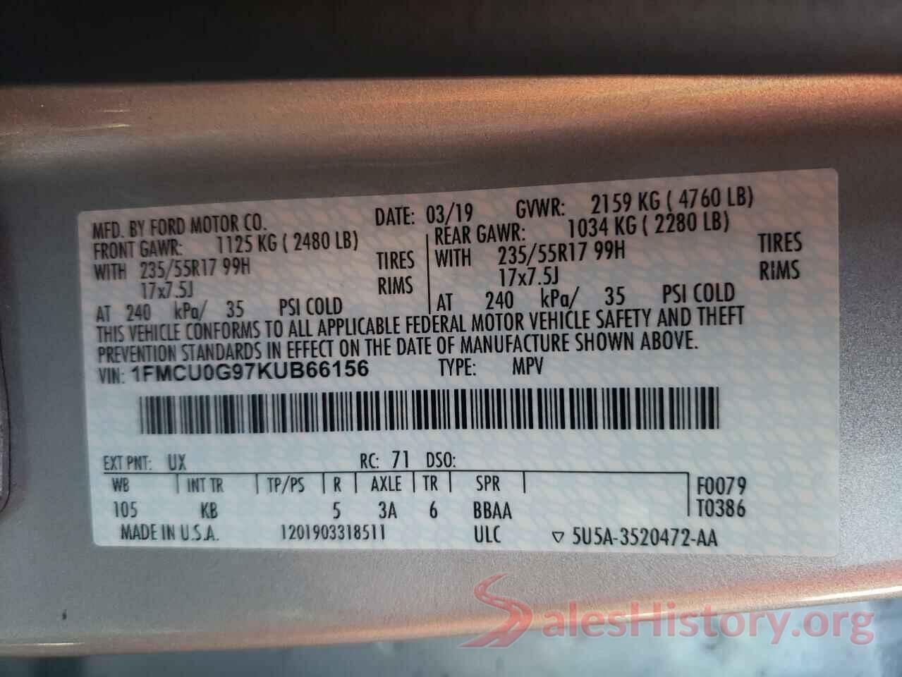 1FMCU0G97KUB66156 2019 FORD ESCAPE