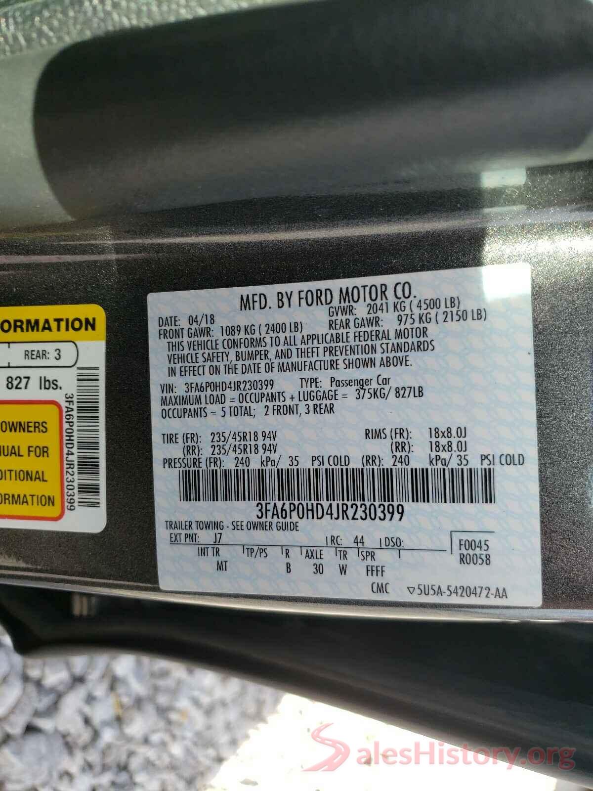 3FA6P0HD4JR230399 2018 FORD FUSION