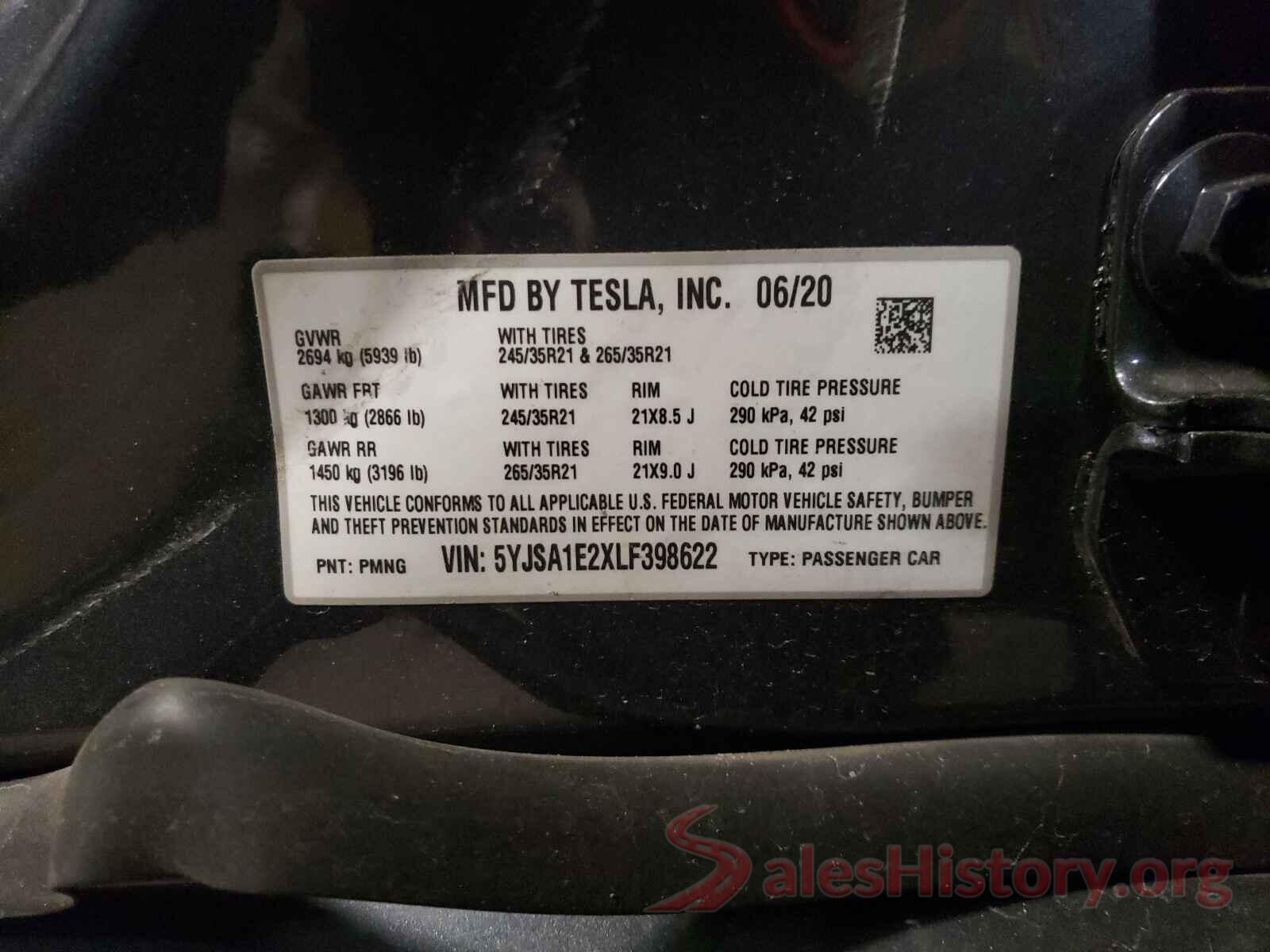 5YJSA1E2XLF398622 2020 TESLA MODEL S