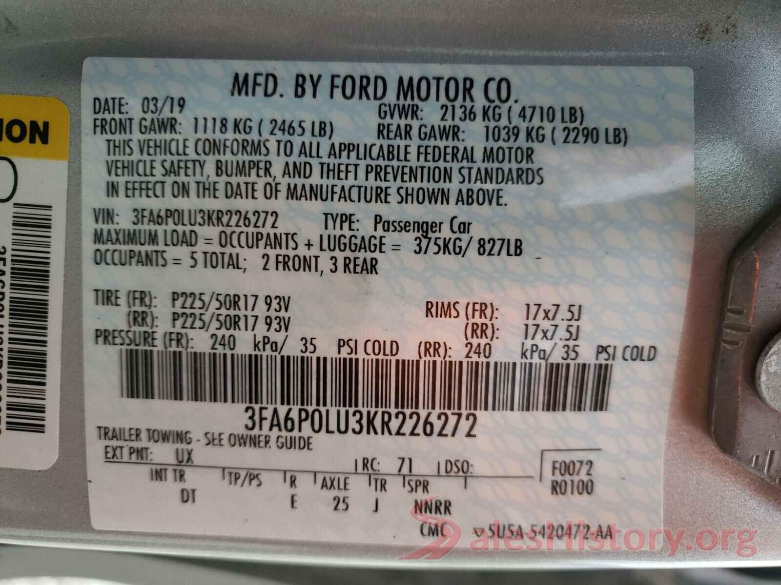 3FA6P0LU3KR226272 2019 FORD FUSION