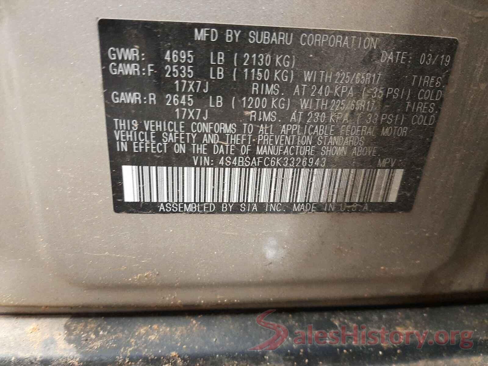 4S4BSAFC6K3326943 2019 SUBARU OUTBACK