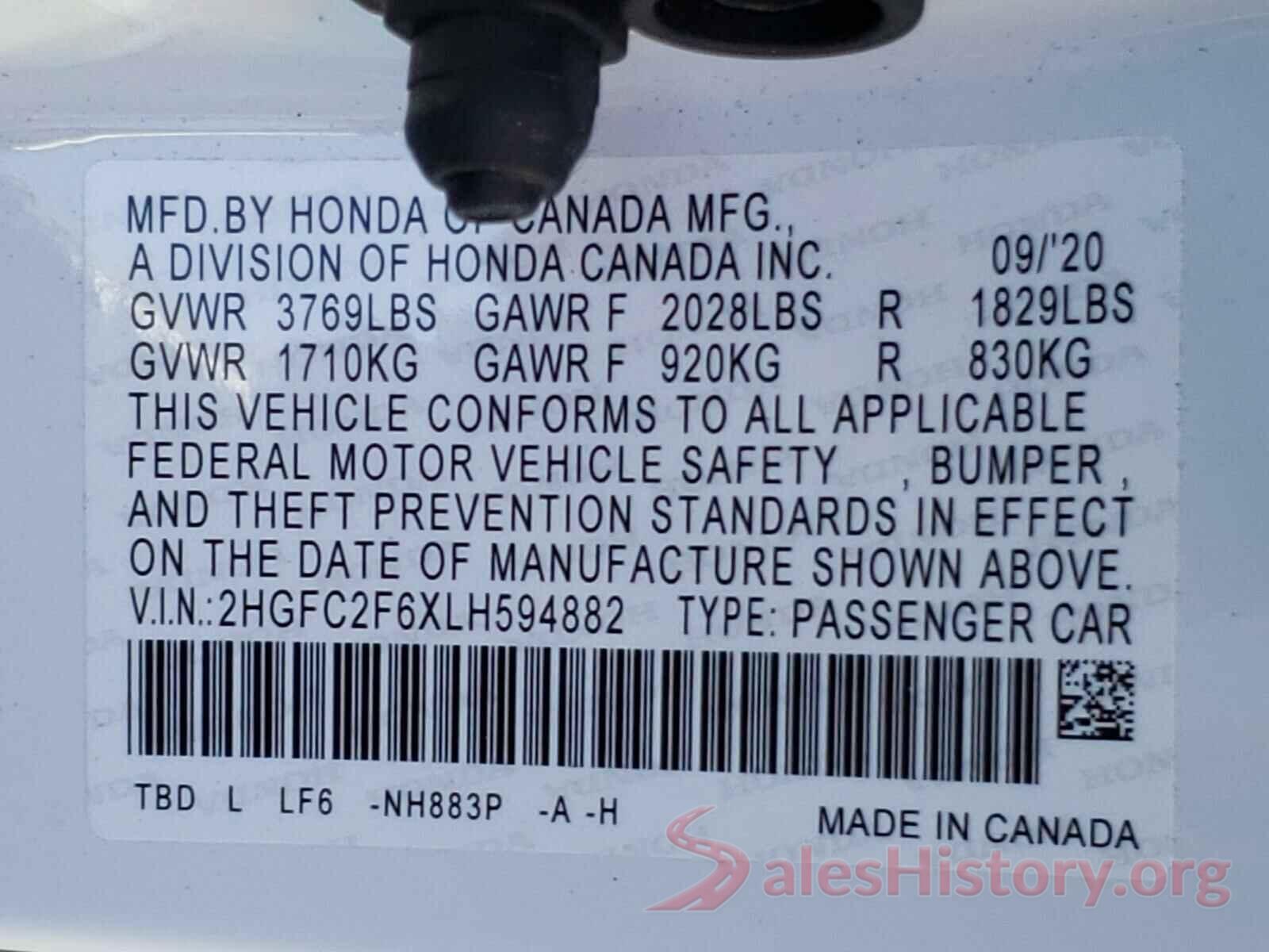 2HGFC2F6XLH594882 2020 HONDA CIVIC