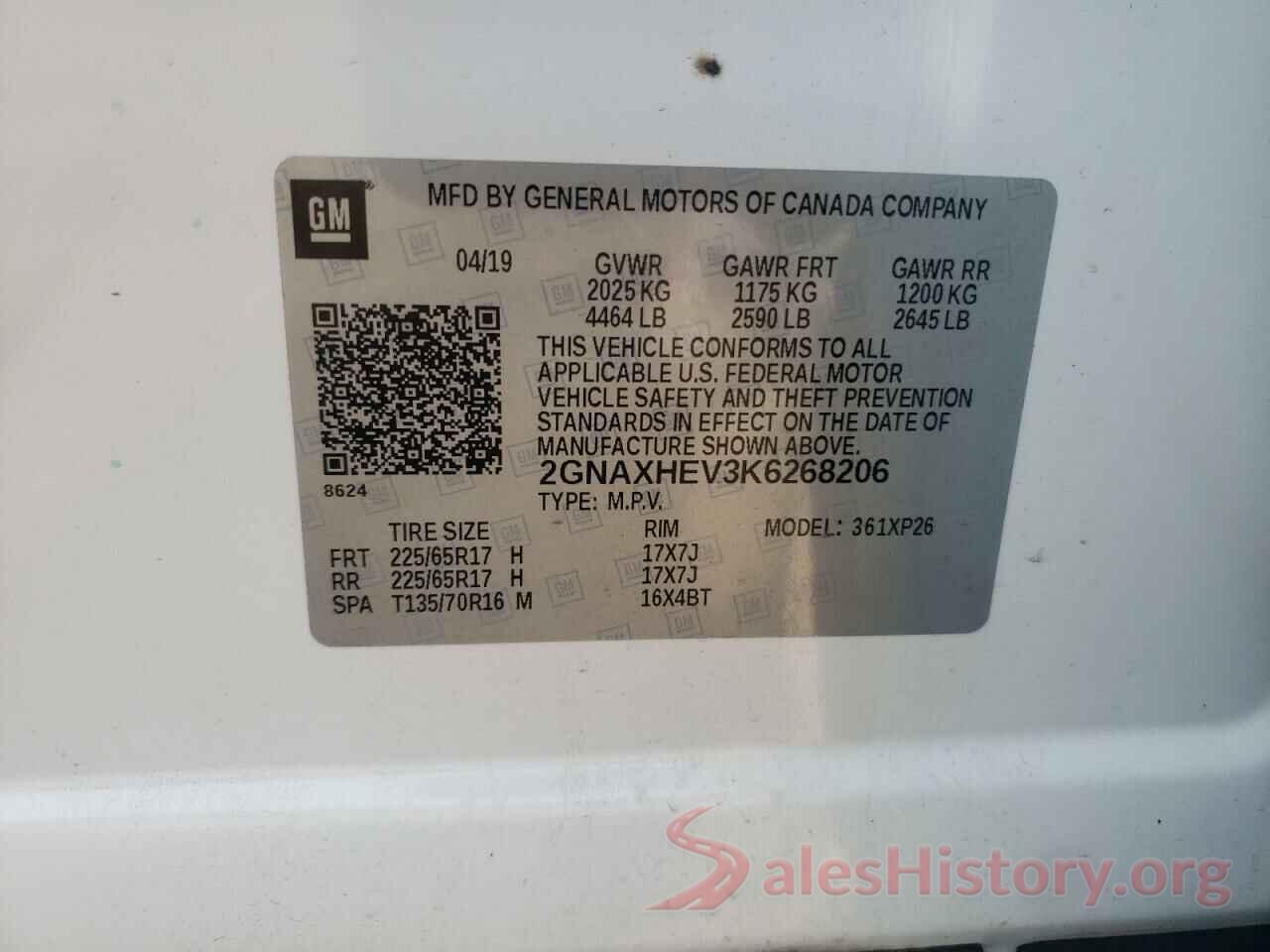 2GNAXHEV3K6268206 2019 CHEVROLET EQUINOX