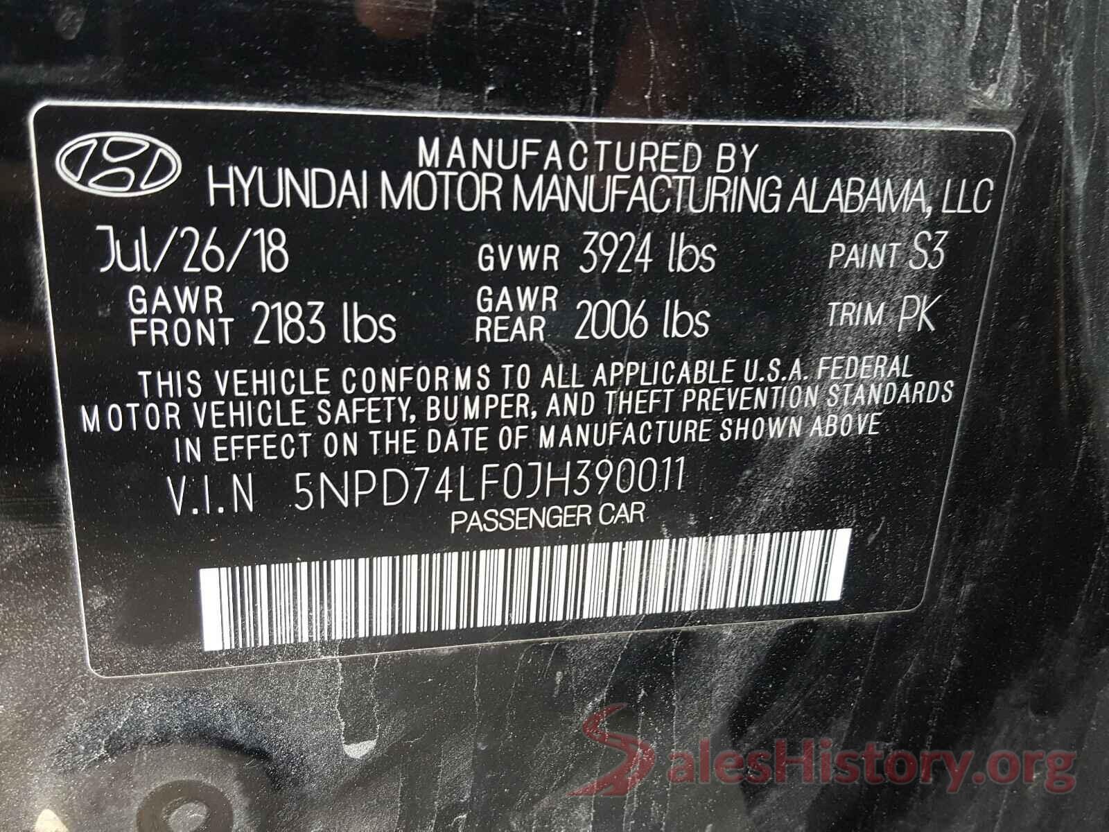 5NPD74LF0JH390011 2018 HYUNDAI ELANTRA