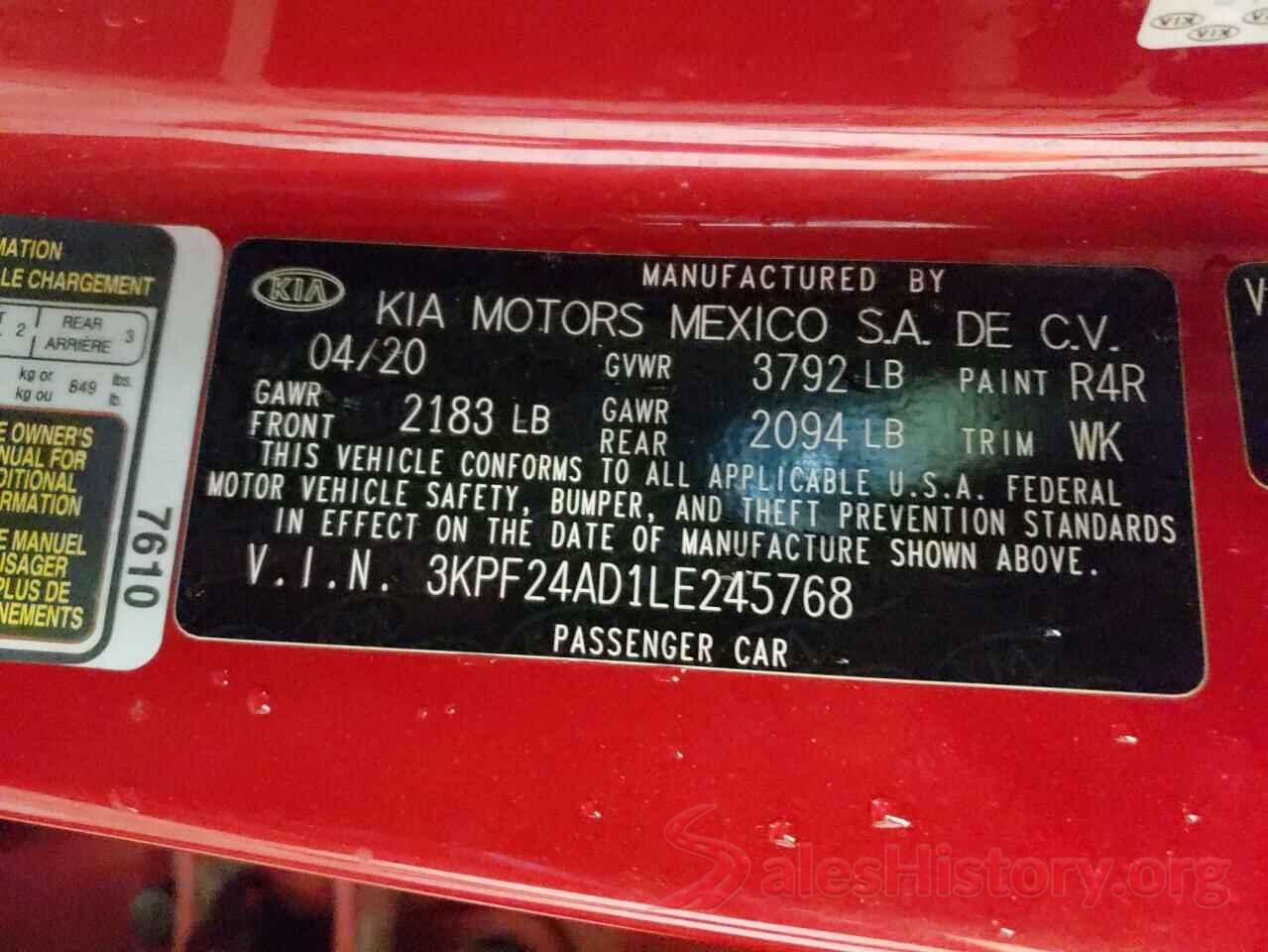 3KPF24AD1LE245768 2020 KIA FORTE