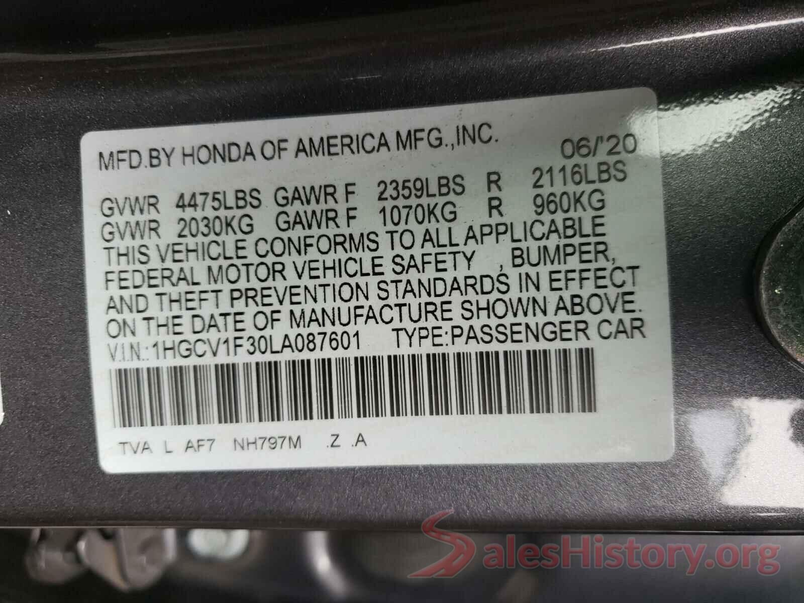 1HGCV1F30LA087601 2020 HONDA ACCORD