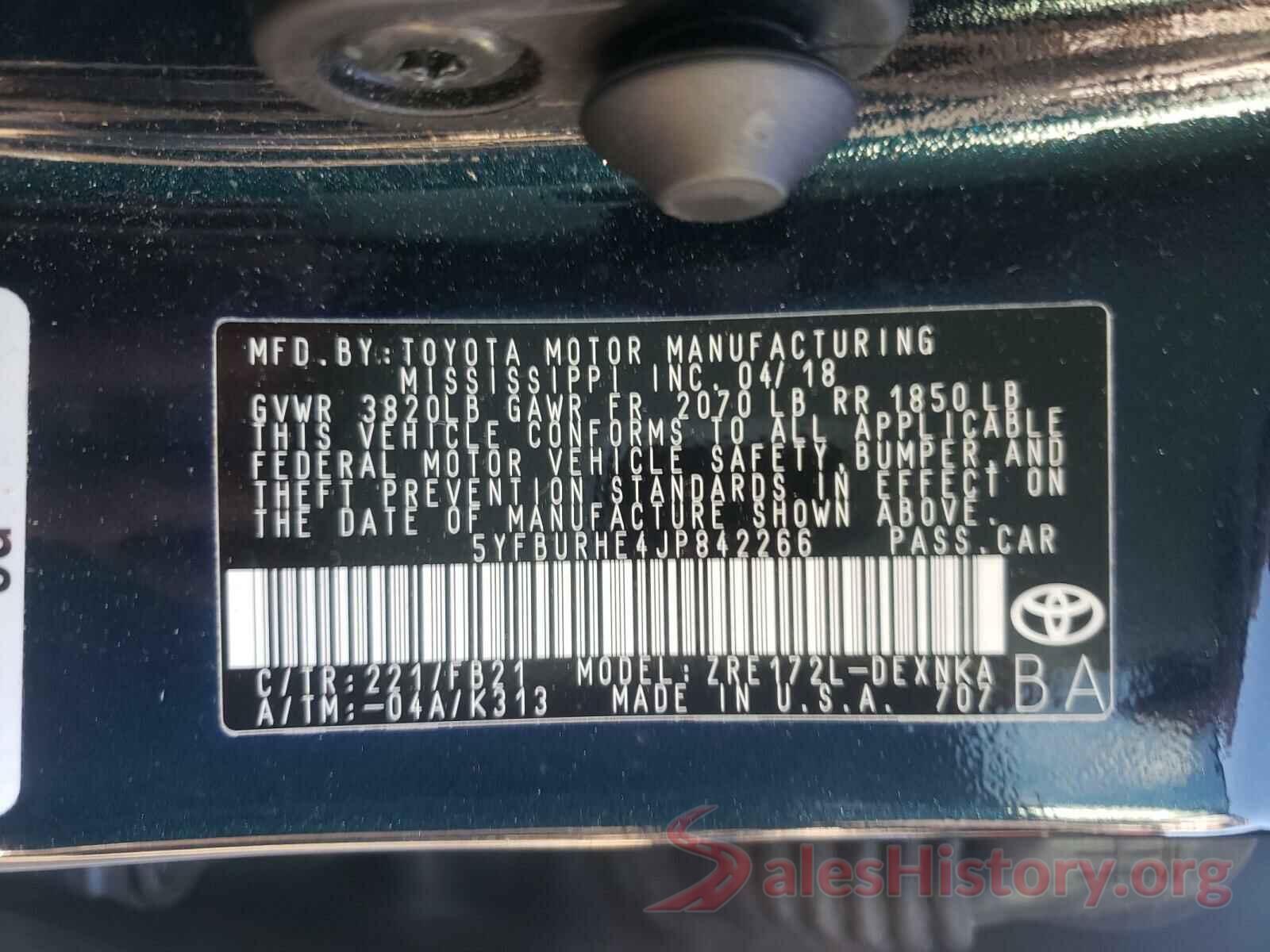 5YFBURHE4JP842266 2018 TOYOTA COROLLA