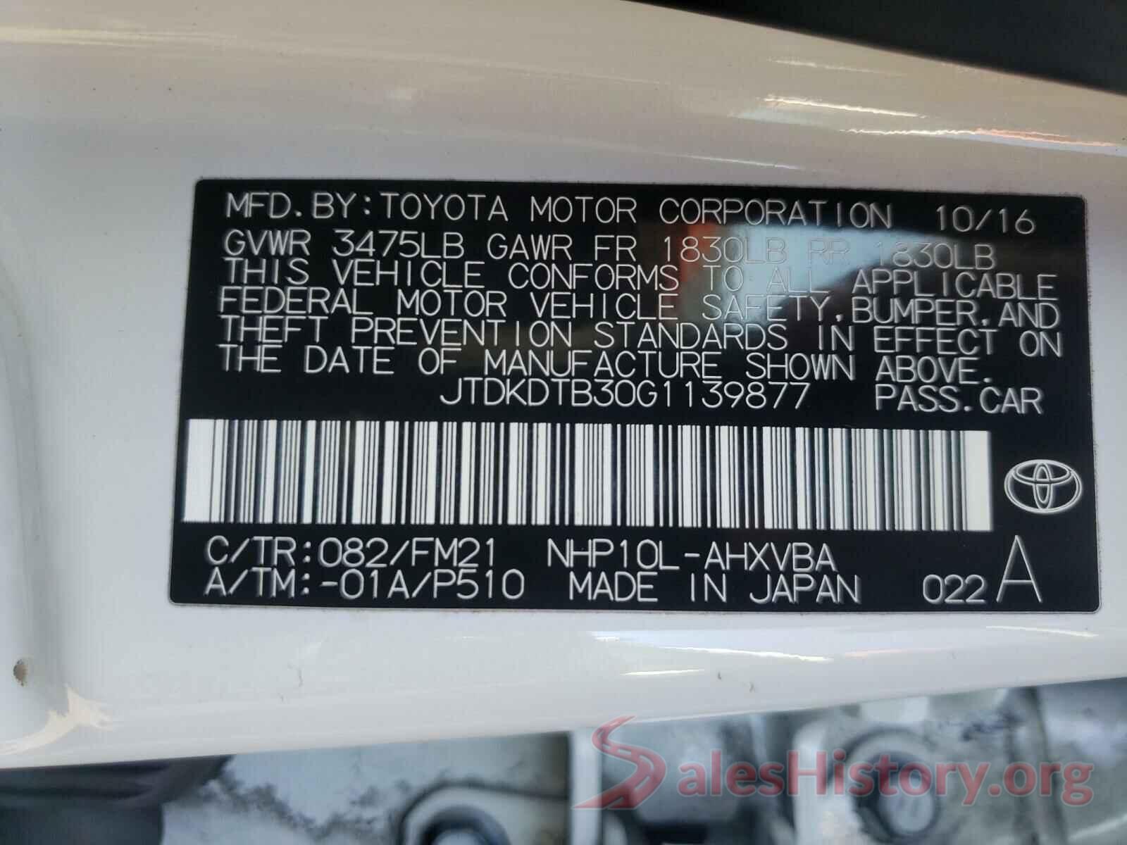 JTDKDTB30G1139877 2016 TOYOTA PRIUS