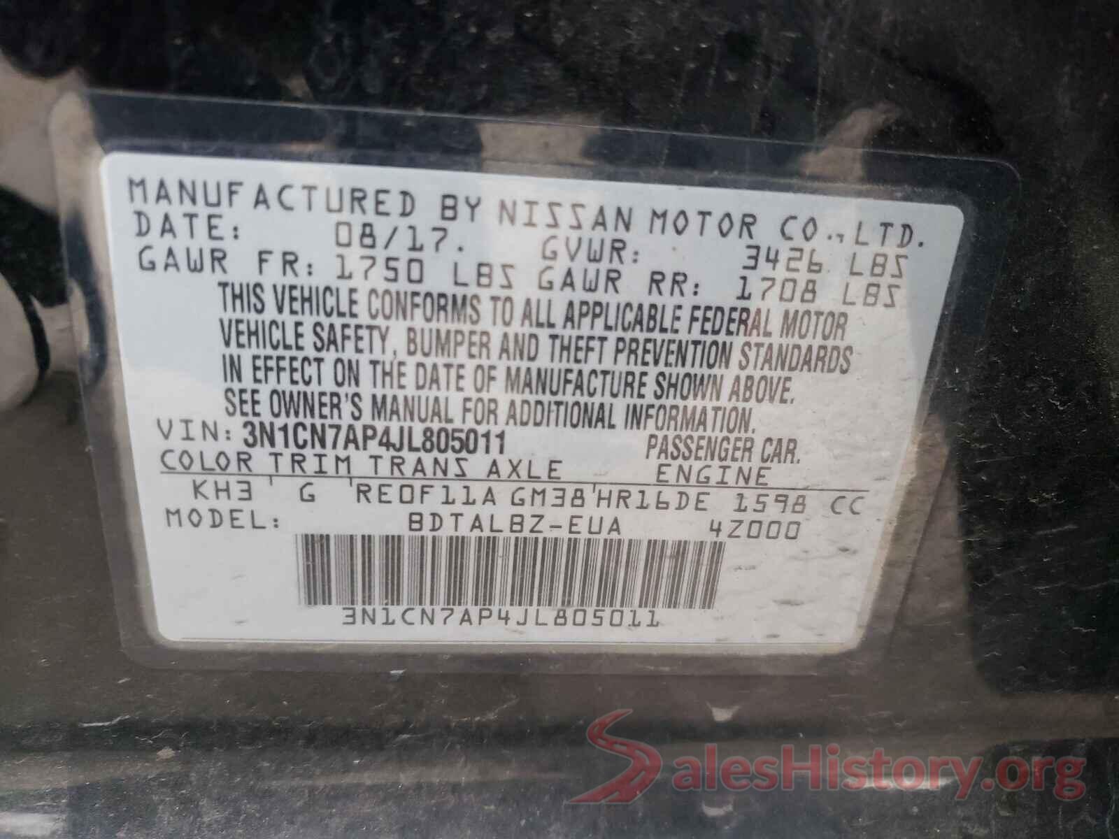 3N1CN7AP4JL805011 2018 NISSAN VERSA