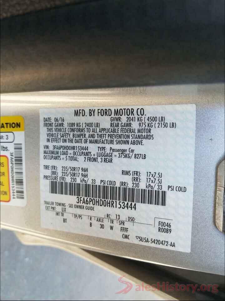 3FA6P0HD0HR153444 2017 FORD FUSION