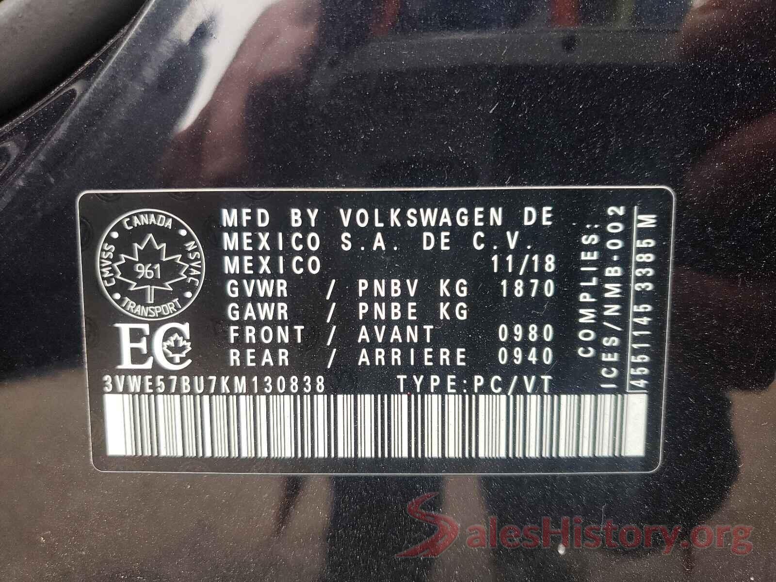 3VWE57BU7KM130838 2019 VOLKSWAGEN JETTA