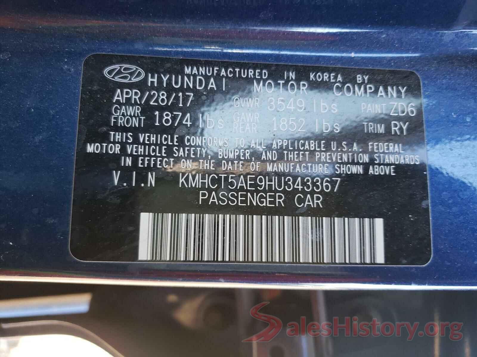 KMHCT5AE9HU343367 2017 HYUNDAI ACCENT