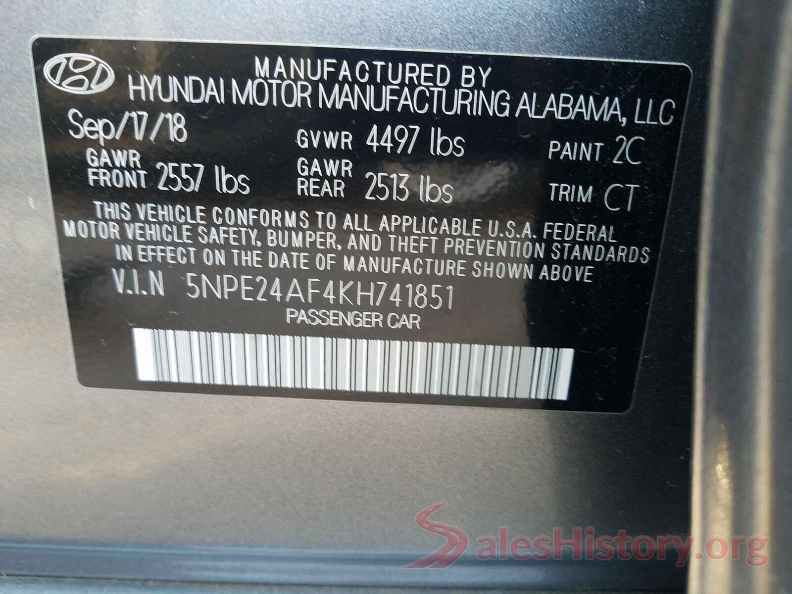 5NPE24AF4KH741851 2019 HYUNDAI SONATA