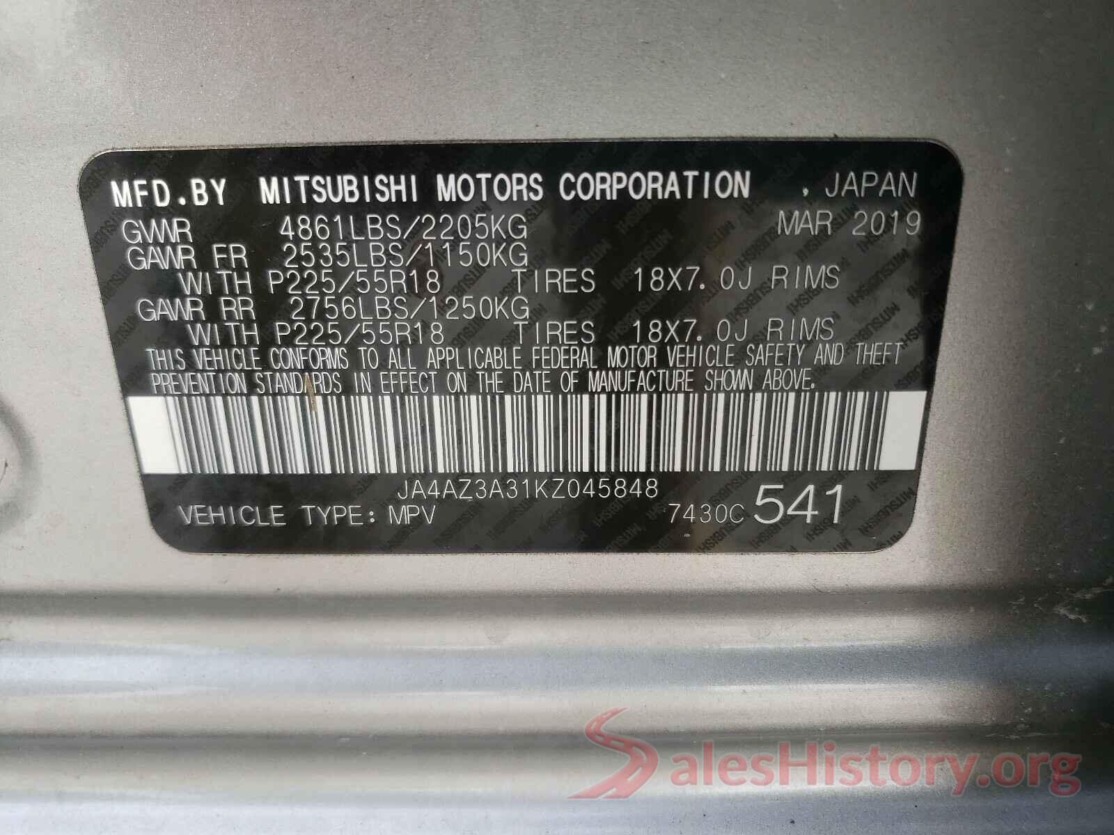 JA4AZ3A31KZ045848 2019 MITSUBISHI OUTLANDER