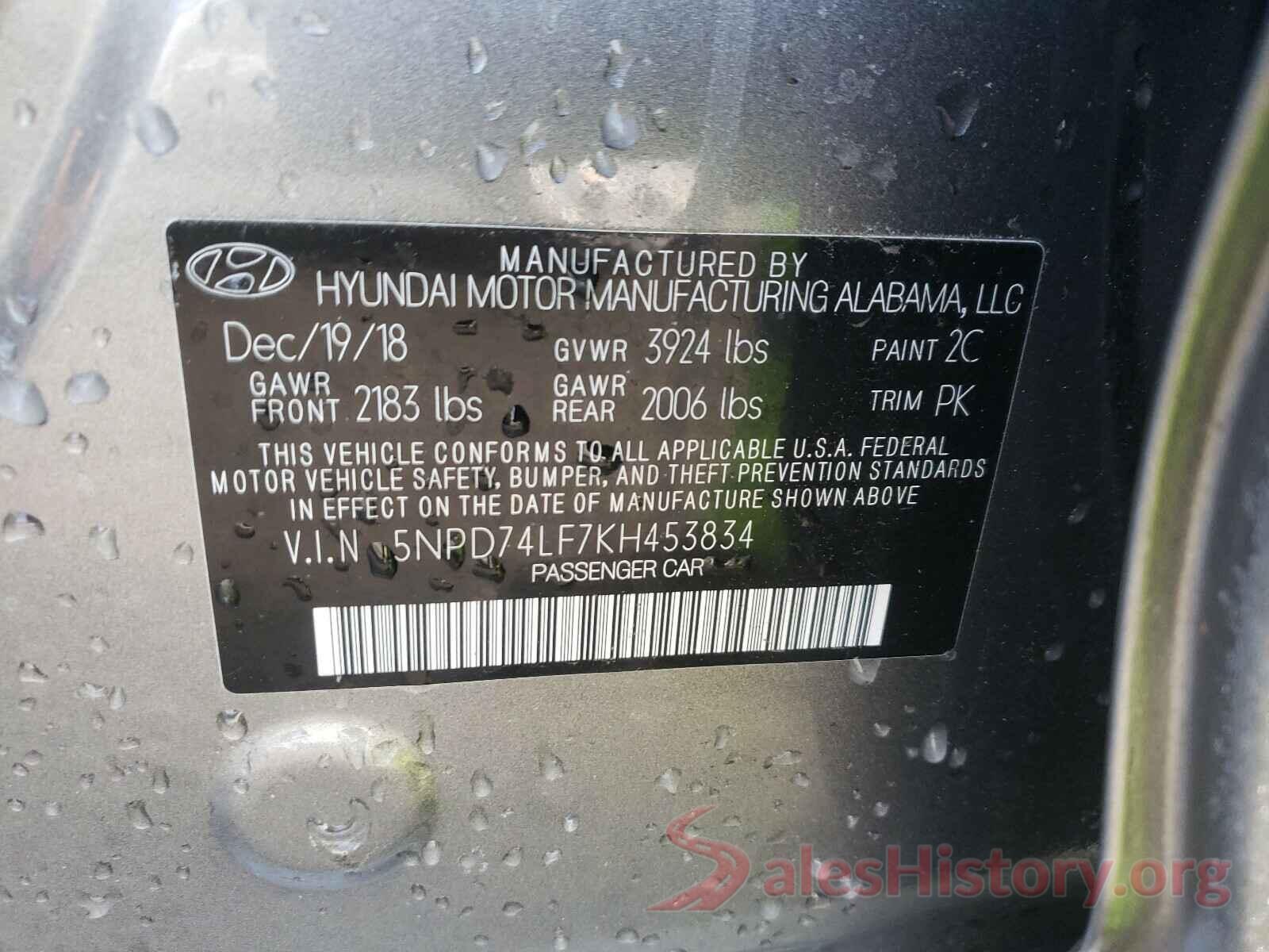 5NPD74LF7KH453834 2019 HYUNDAI ELANTRA